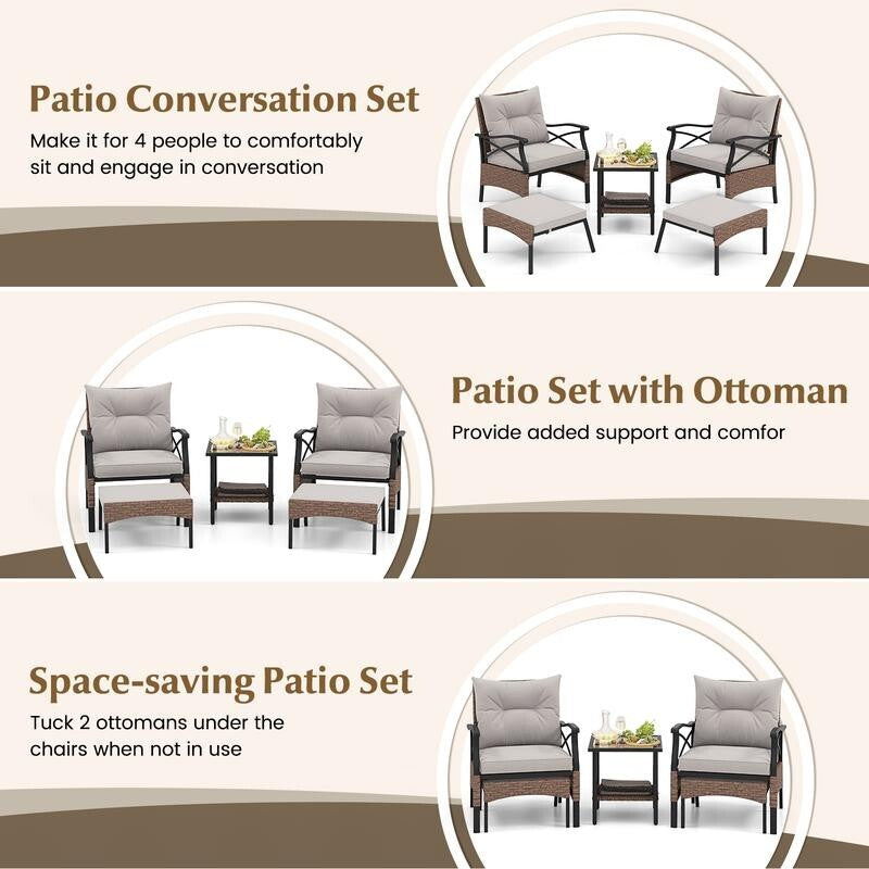 5 Piece Rattan Patio Furniture Set w/ Cushions & Table Outdoor Garden Seating