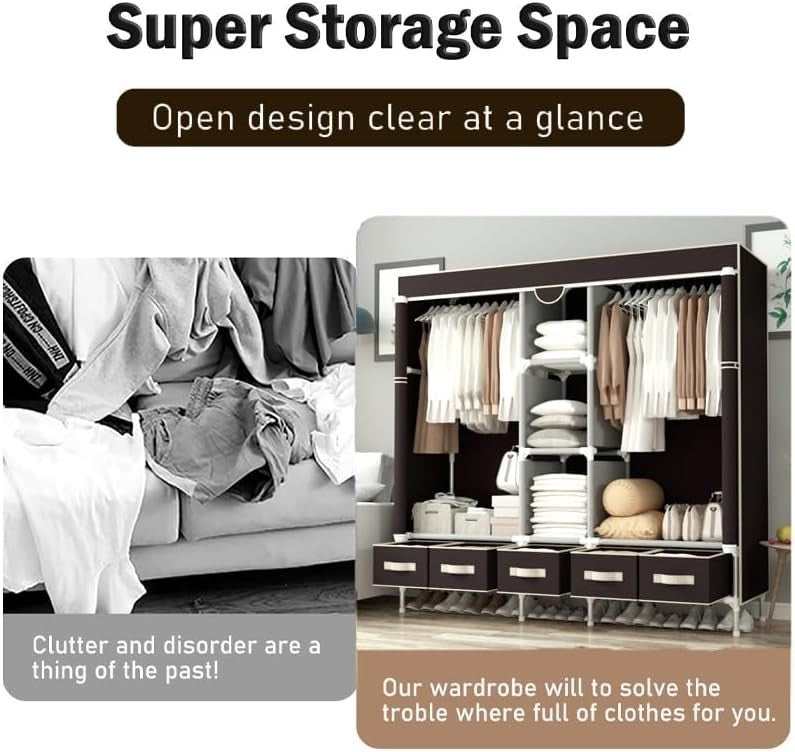 Large Canvas Wardrobe Storage Unit 5 Drawers Hanging Rail Shelves 175cm