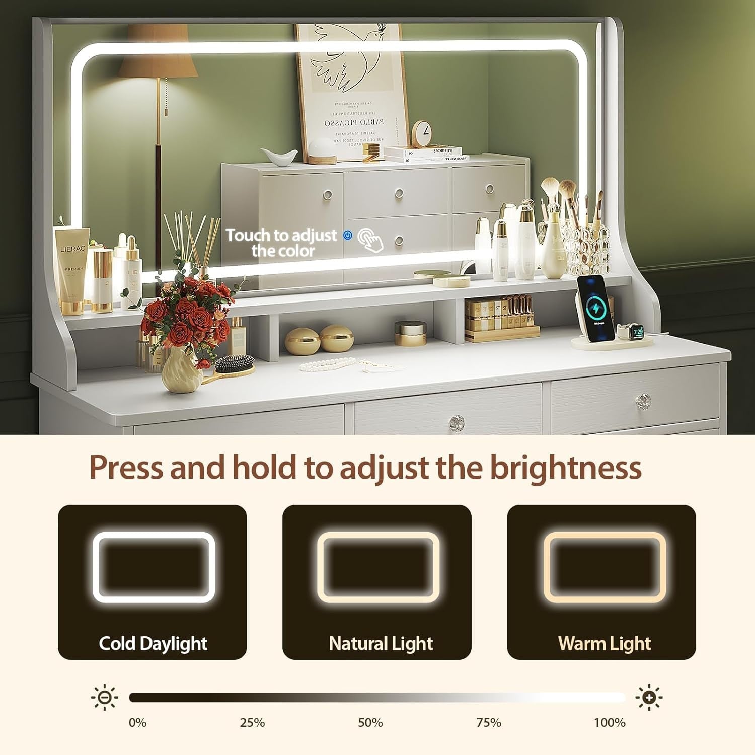 Large White Vanity Dressing Table Desk 11 Drawers LED Mirror Makeup Storage