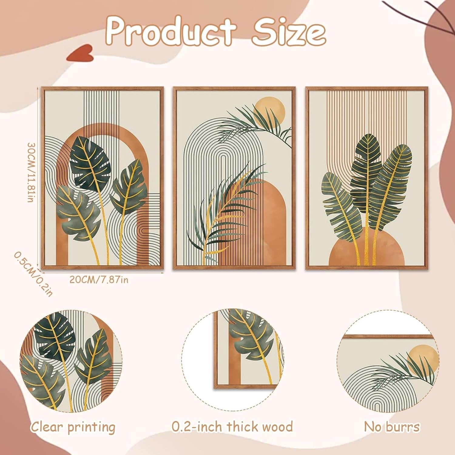 3PCS Wooden Boho Wall Art 30x20cm Geometric Hanging Decor