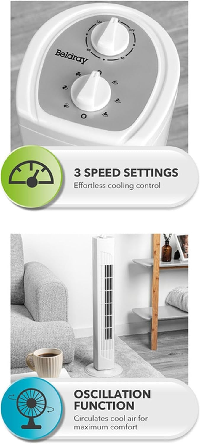 32" Tower Fan – 3-Speed Quiet Oscillating Cooling Fan w/ Timer & Handle White