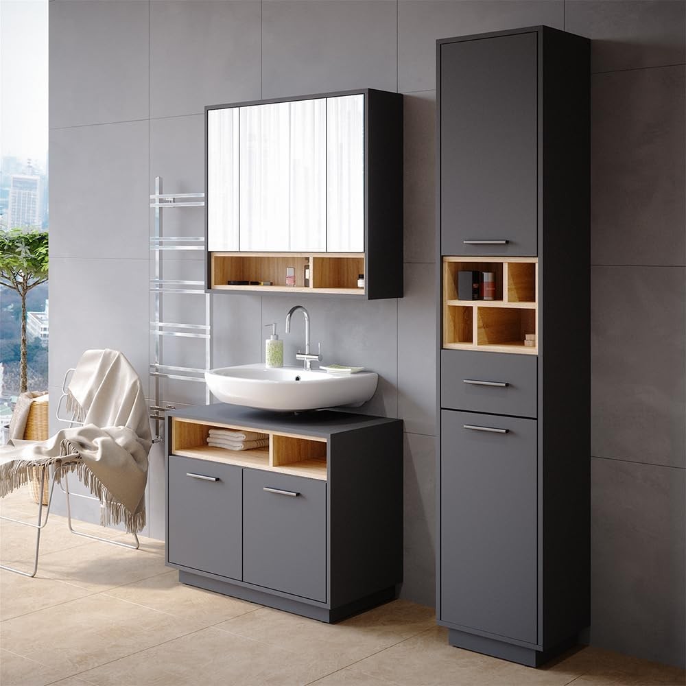 Anthracite Bathroom Sink Cabinet Vanity Storage Unit with Oak Shelves 80x64cm