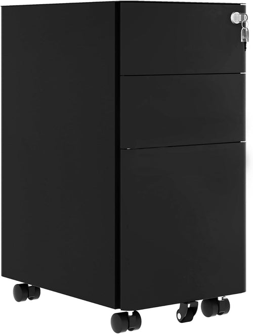 Black 3 Drawer Lockable Metal File Cabinet 30x45x61cm Slim