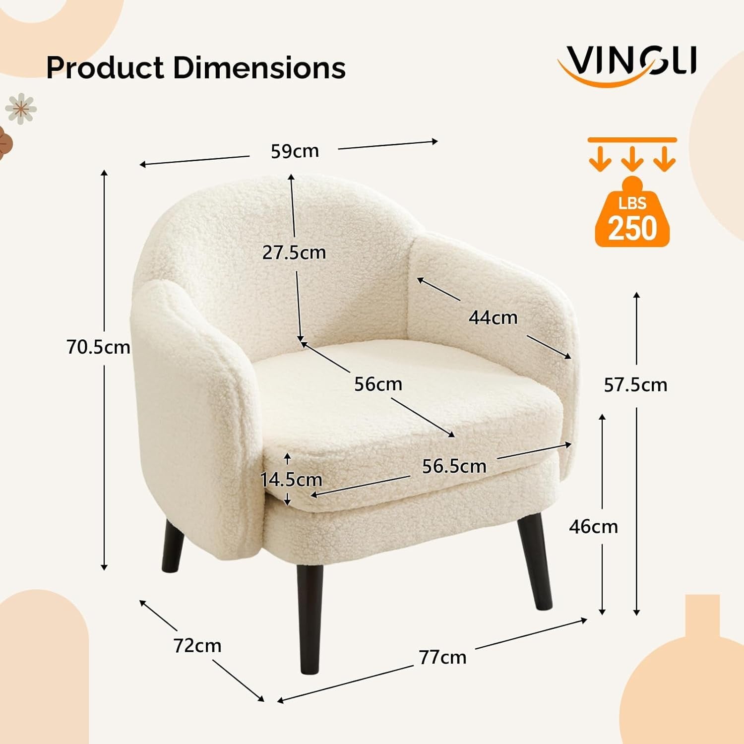 Modern Teddy Fleece Accent Armchair Wide Track Arms Wood Legs White