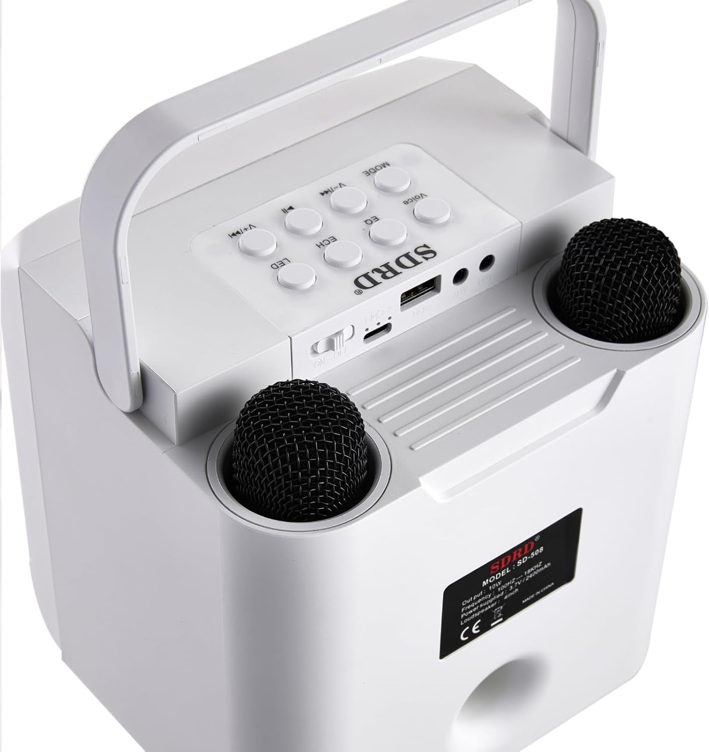 Bluetooth Karaoke Machine 2 Wireless Mics LED Lights White 16x13.5x22cm