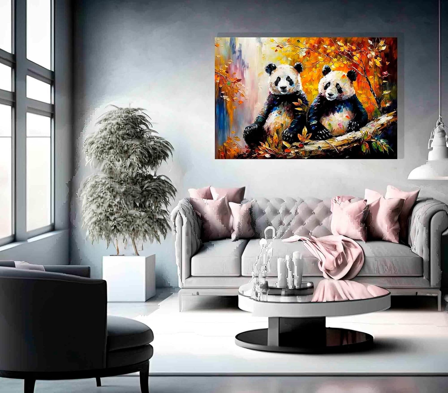 Pandas in Autumn Forest Framed Canvas Wall Art 20×14 in Wildlife