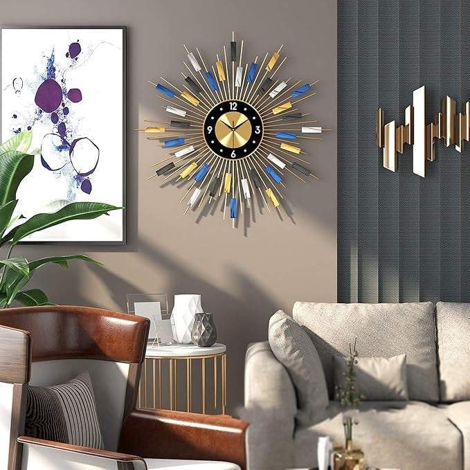 27" Extra Large Metal Wall Clock Modern Silent Sunburst Art Decor for Home