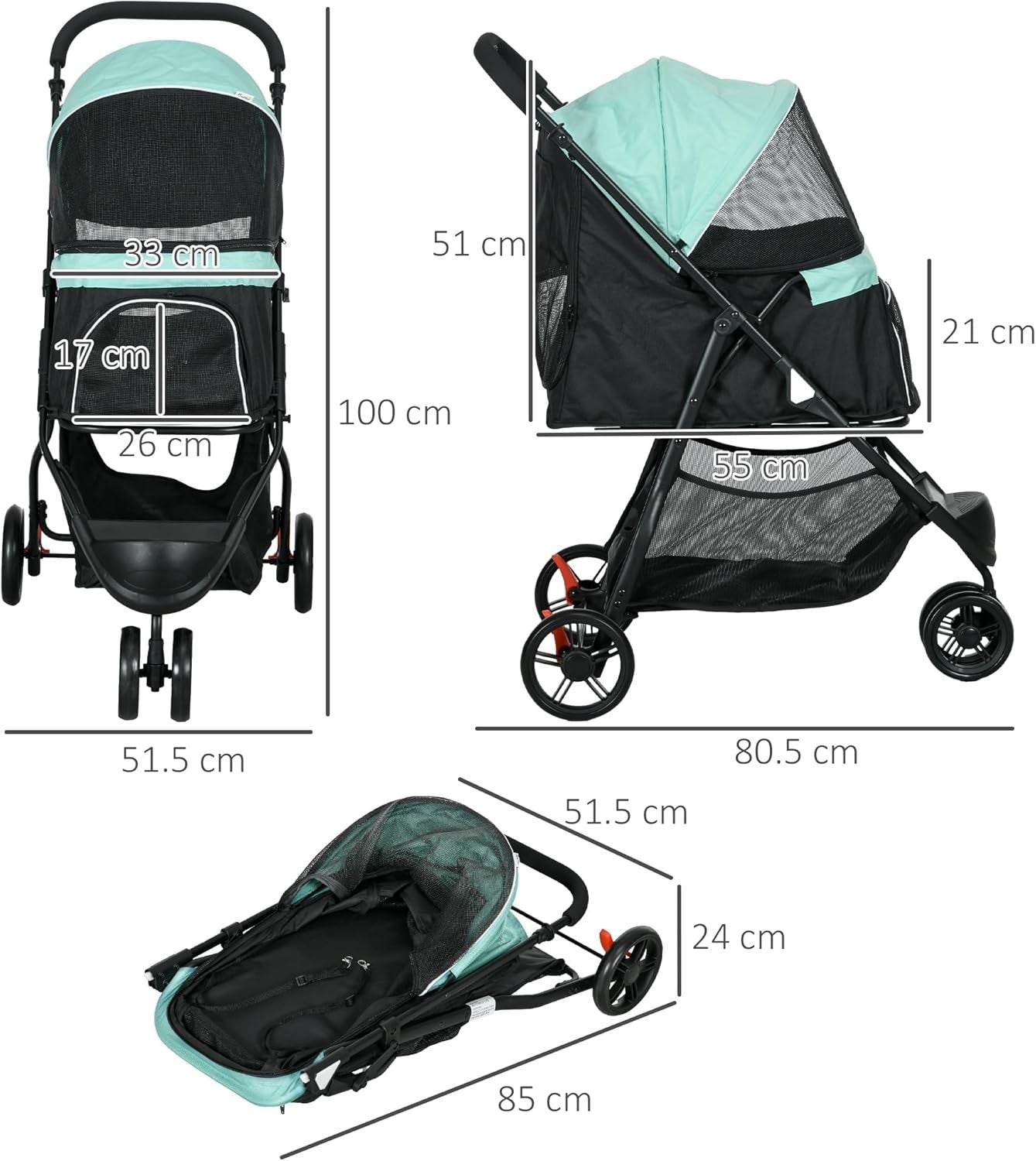 Dog Stroller with Rain Cover Folding Pet 3 Wheel Travel Pushchair