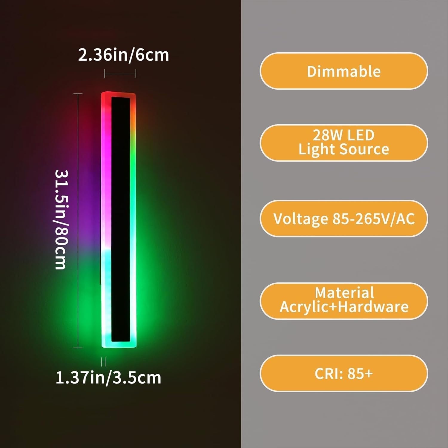 80cm RGB Outdoor Wall Light 7 Color Changing Dimmable Remote Waterproof