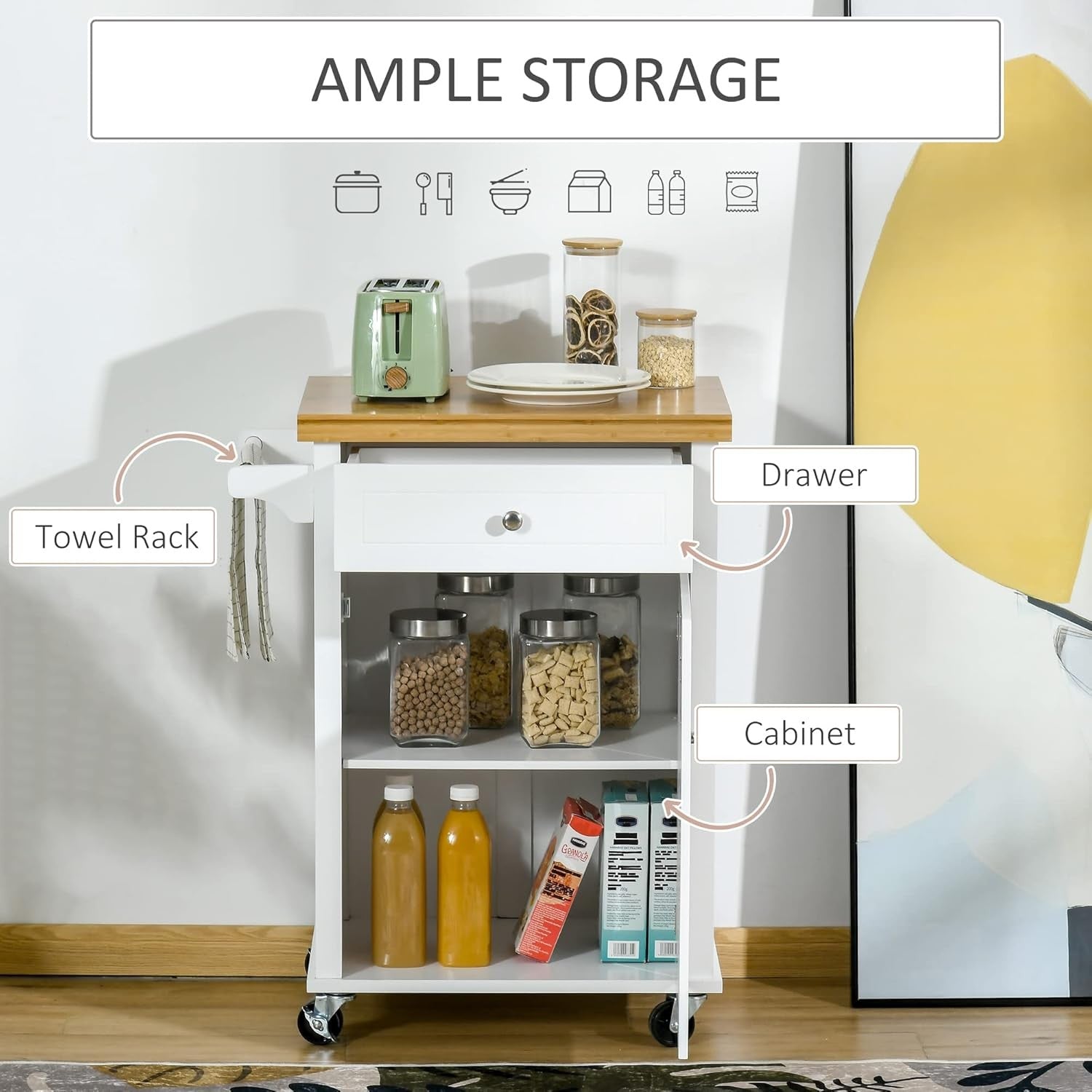 Kitchen Cart Storage Trolley Rolling Cabinet Drawer Towel Rail White