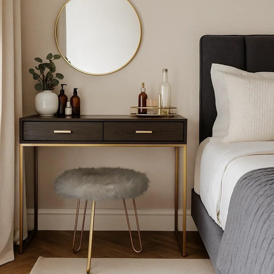 Grey Faux Fur Vanity Stool Round Gold Hairpin Legs Modern Accent Seat