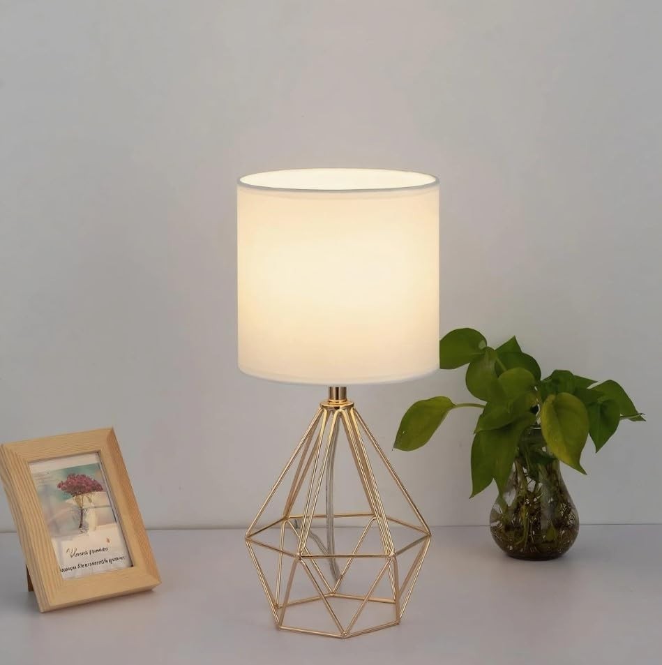 Gold Modern Small Table Lamp with Geometric Base & White Fabric Shade