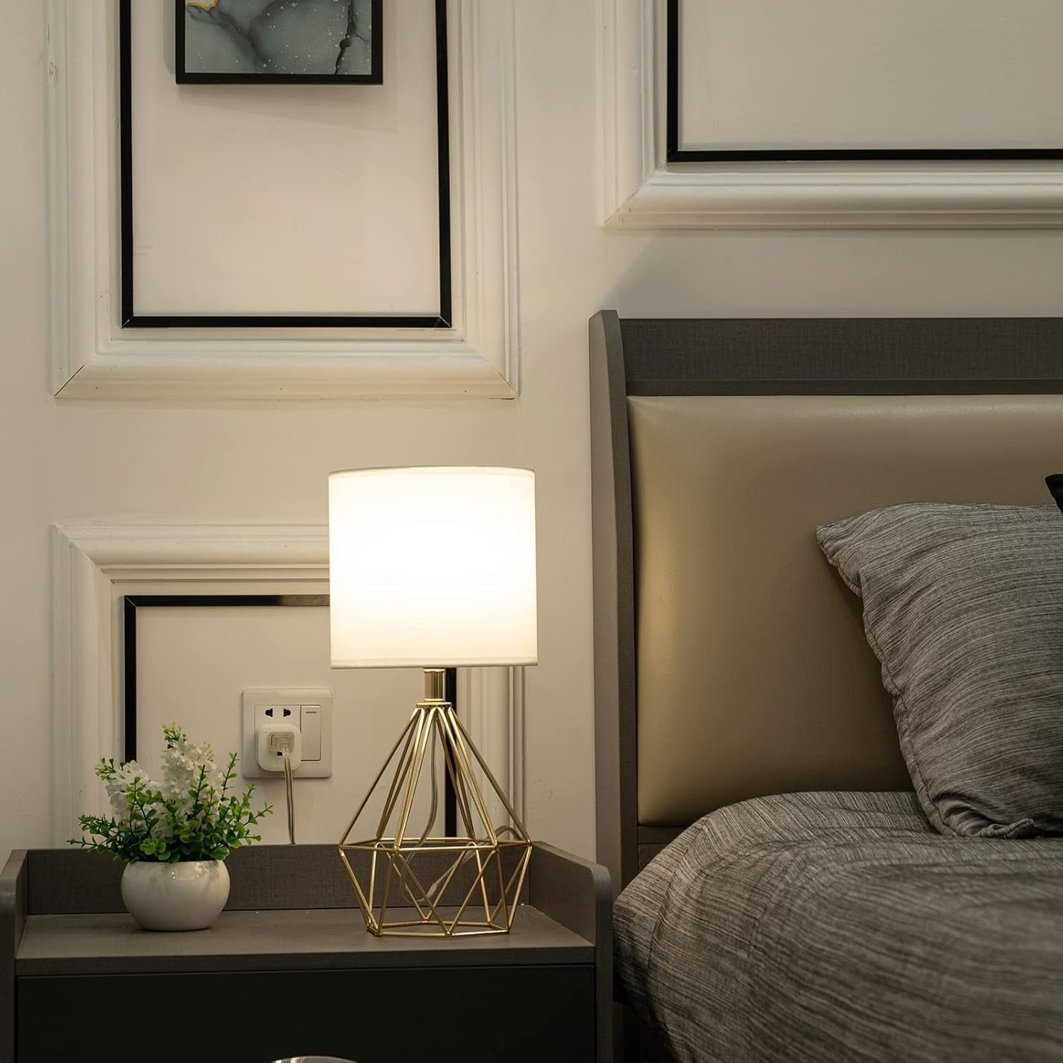 Gold Modern Small Table Lamp with Geometric Base & White Fabric Shade