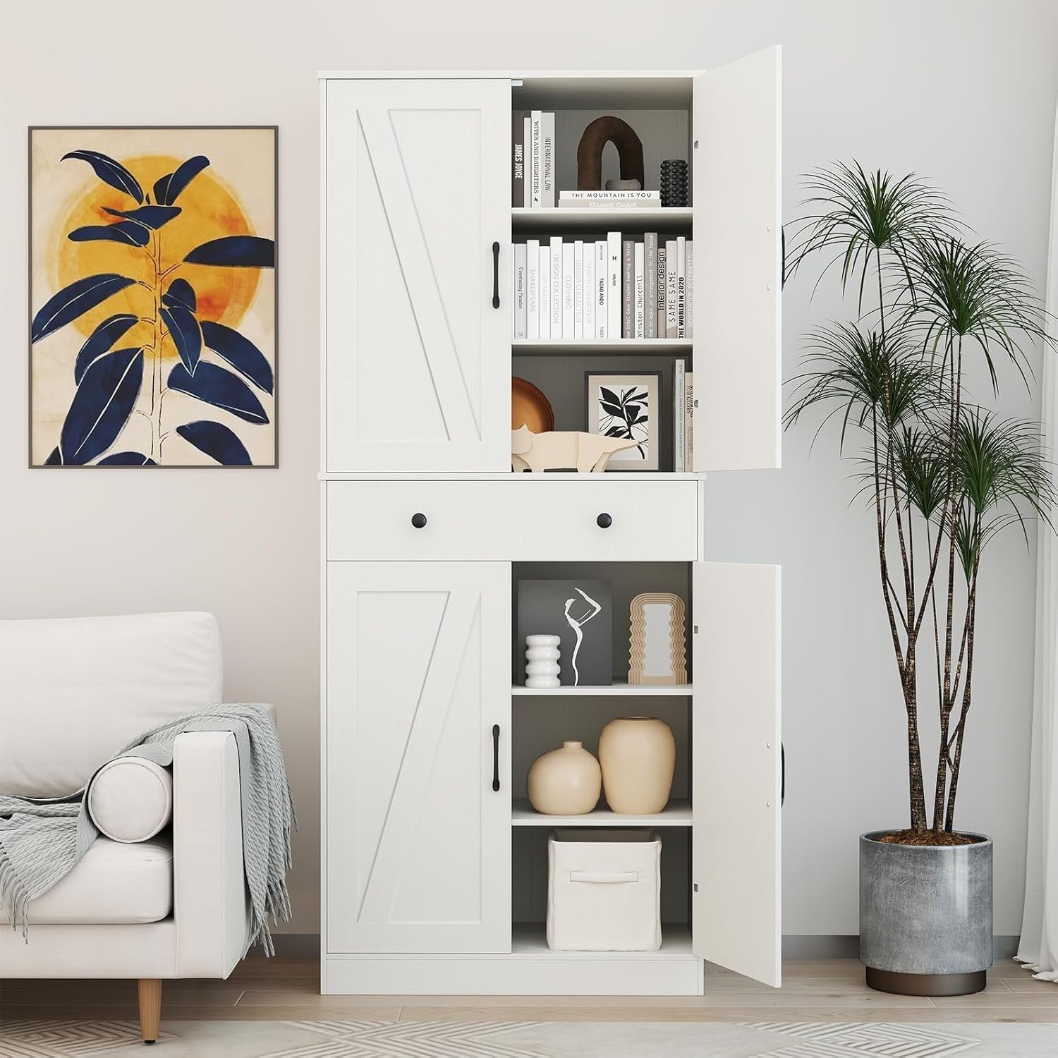 Tall Kitchen Cupboard White 4-Door Buffet Pantry Cabinet Drawer