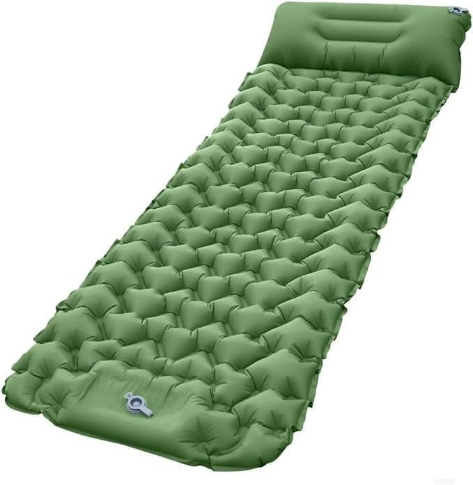 Green Inflatable Camping Sleeping Pad – Foot-Pump, Portable, 190x120x5cm