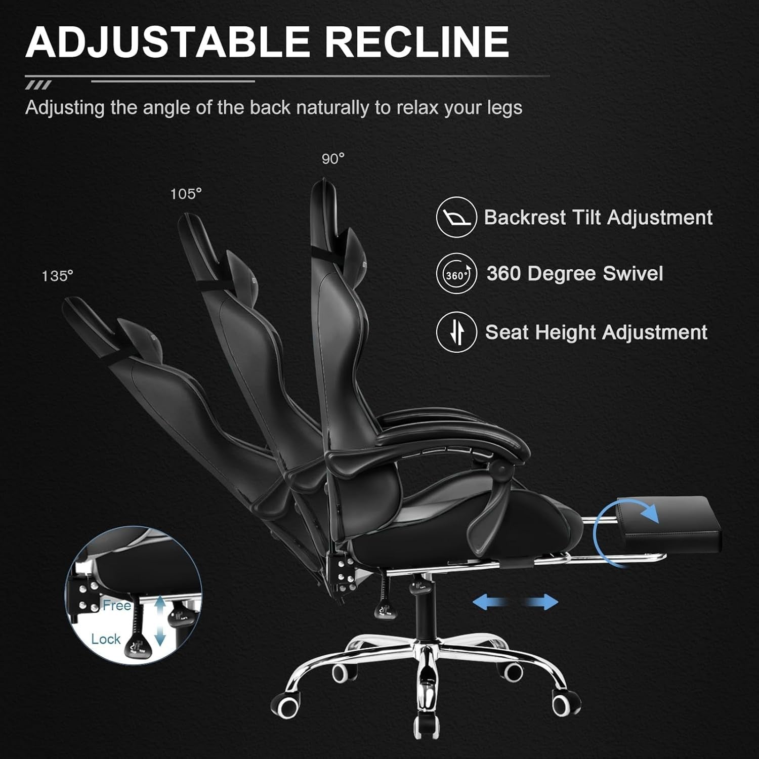 Gaming Chair PU Leather Desk Office Swivel Recliner Footrest Massager Lumbar Bla