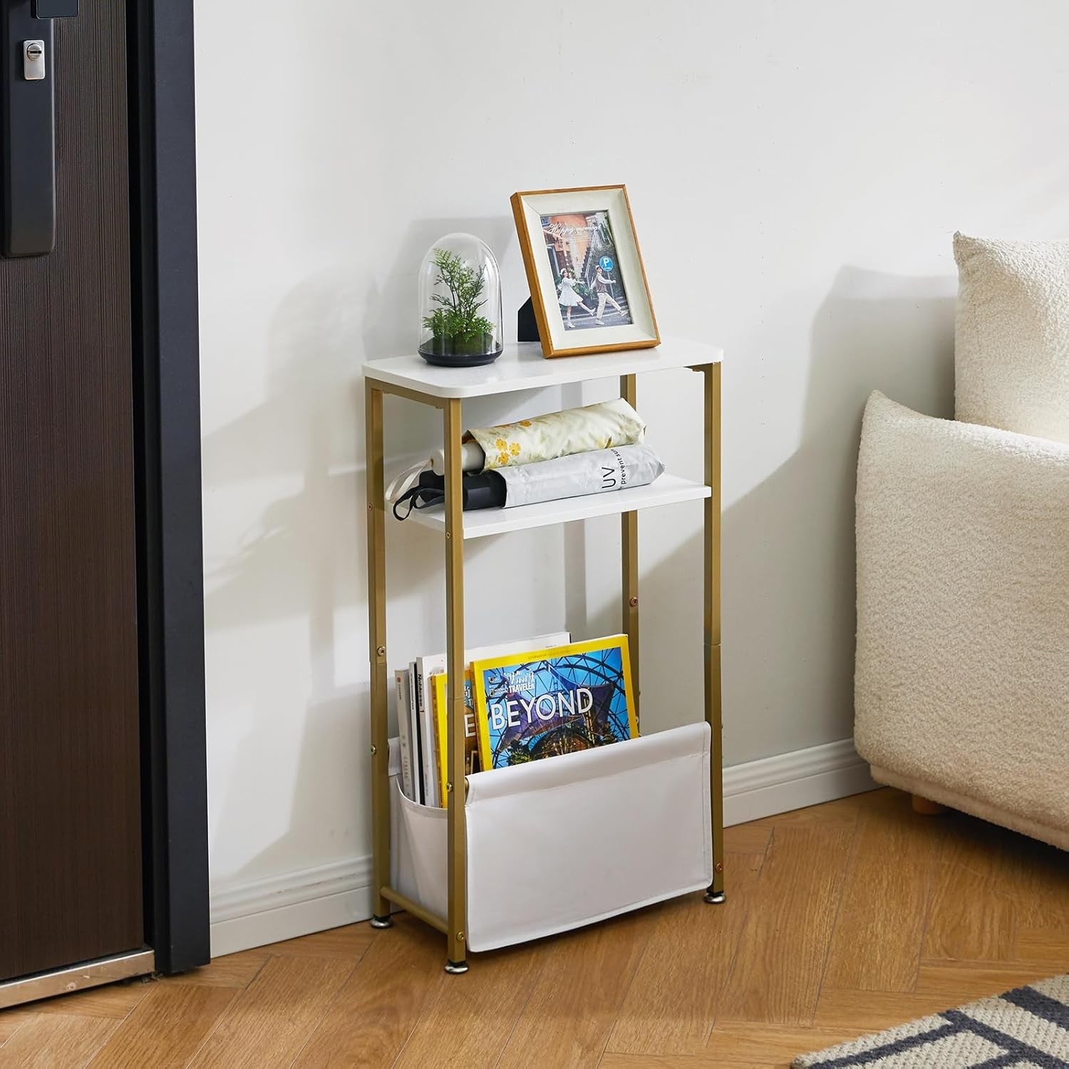 Slim White & Gold 3-Tier Side Table with Storage Basket – Narrow Bedside/End Tab
