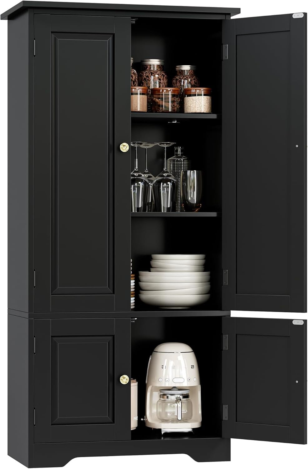 Black Kitchen Cupboard 4 Door Freestanding Storage Cabinet with Shelves