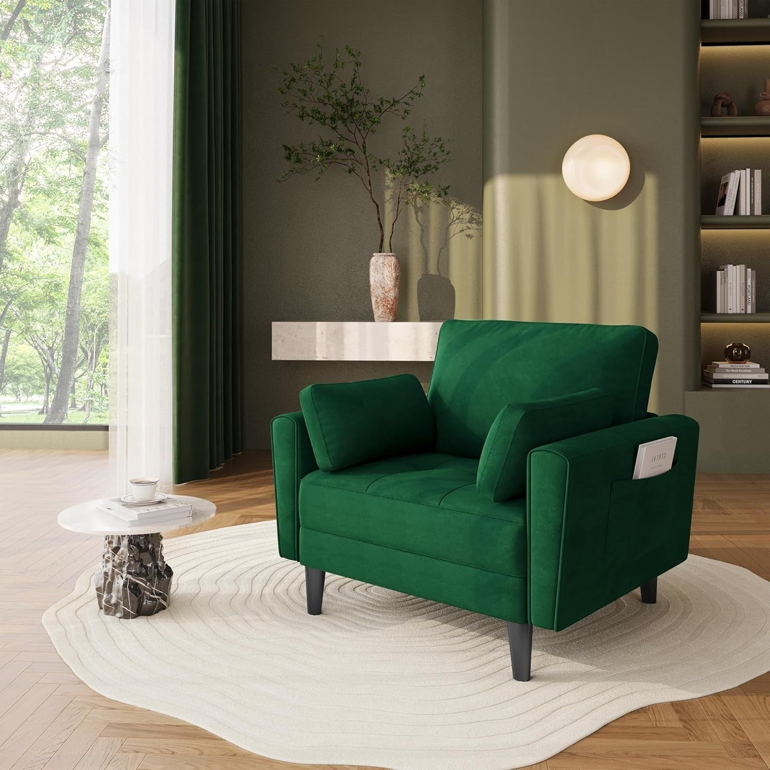 Green Velvet Tub Chair Oversized Accent Armchair with Pillows & Storage
