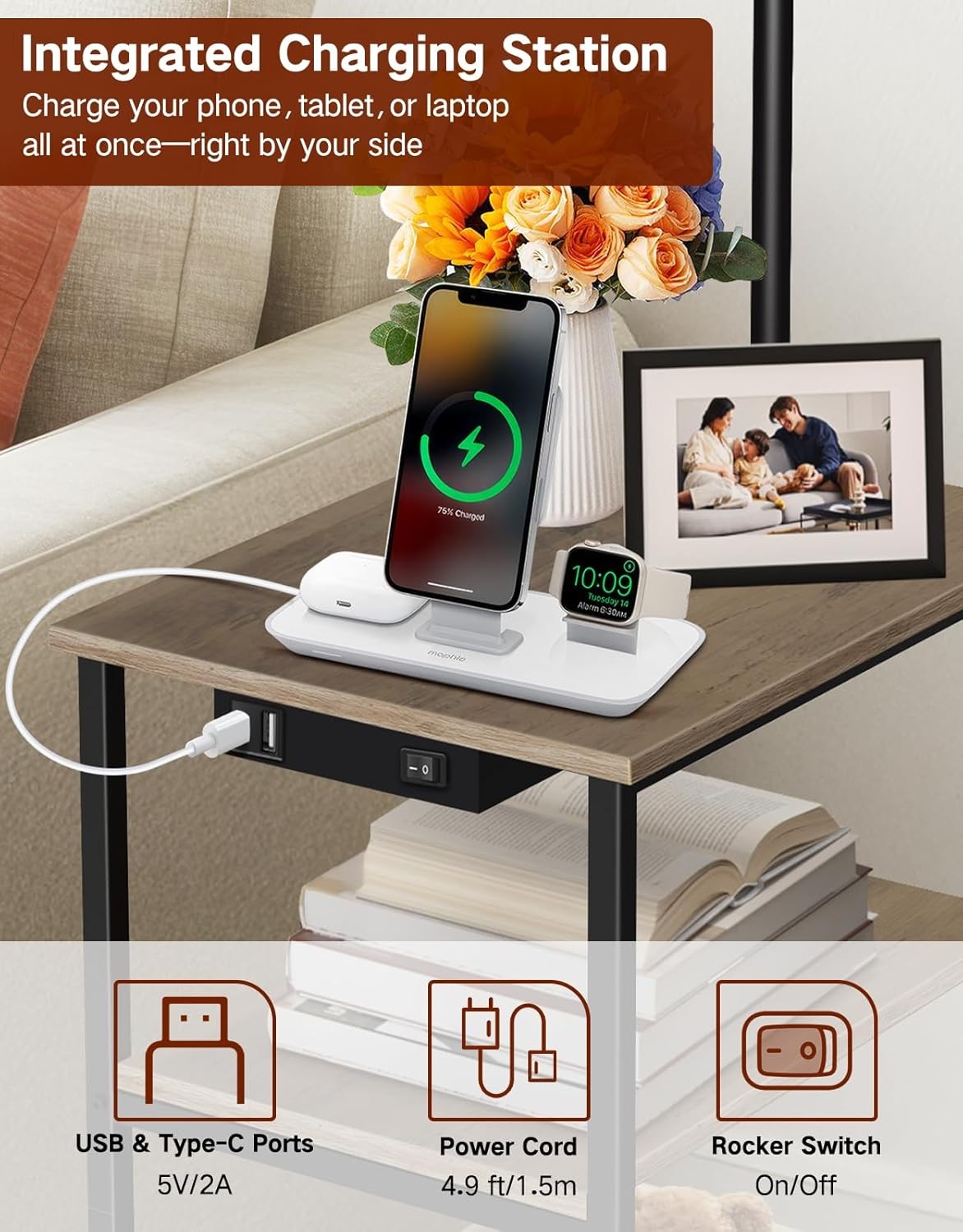 Floor Lamp with Table & Remote, Dimmable LED, USB Charging, Grey