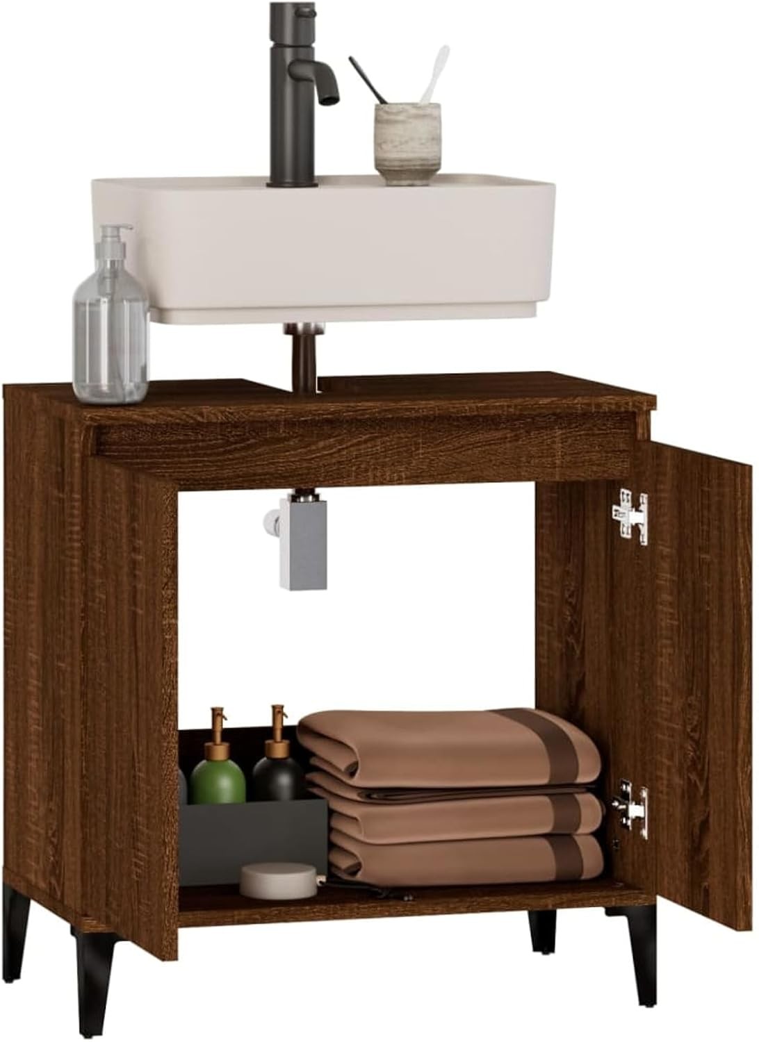 Brown Oak Bathroom Sink Cabinet | Under Sink Storage Unit 58x33x60cm