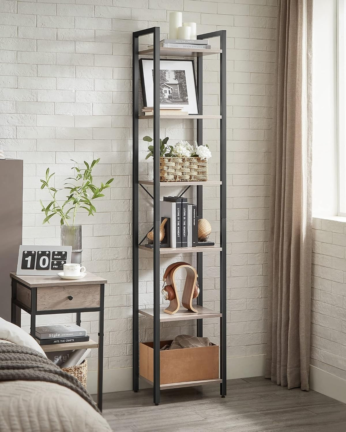 6-Tier Industrial Bookshelf 187.5cm Tall Slim Storage Unit Heather Greige