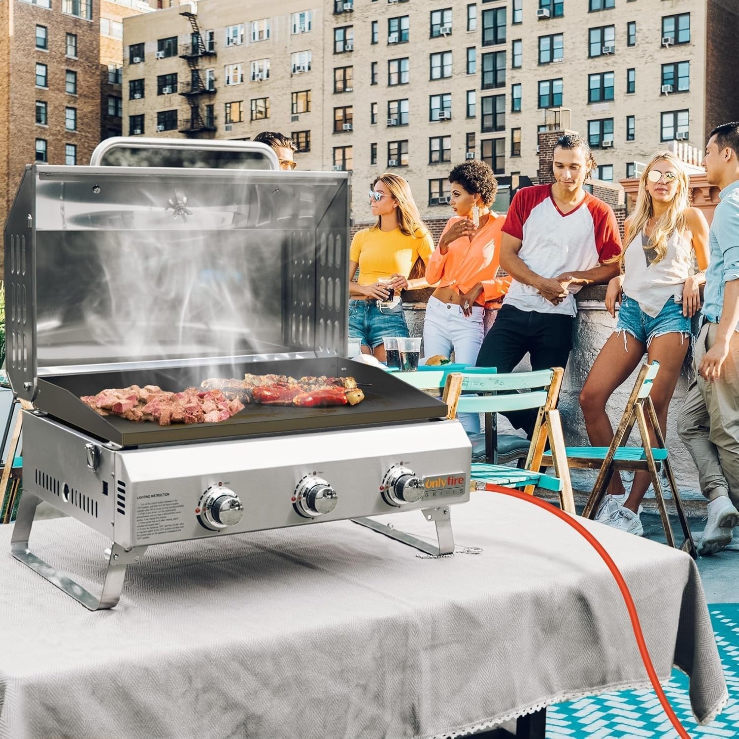 Portable 3 Burner Gas BBQ Plancha Grill with Lid & Thermometer