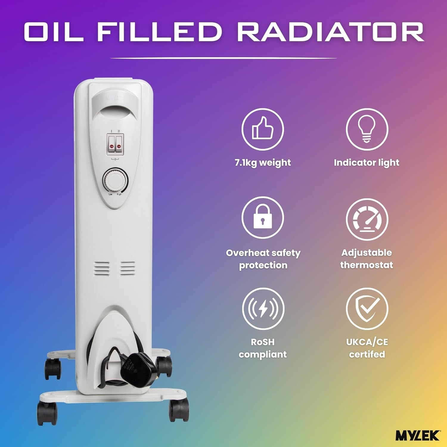 2000W Oil Filled Heater Radiator Portable Electric Adjustable Thermostat