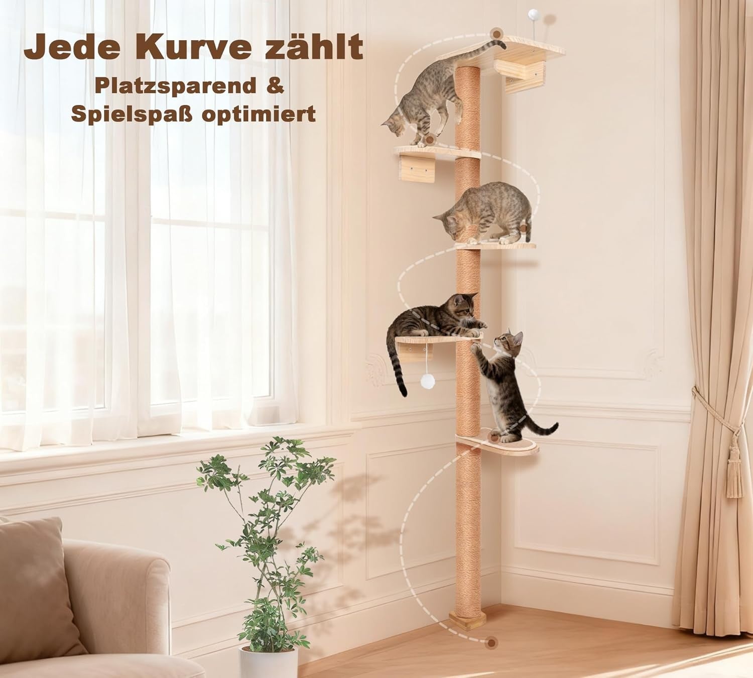 Tall Cat Tree 210cm Floor to Ceiling Wall Mounted Scratching Post 5 Tier