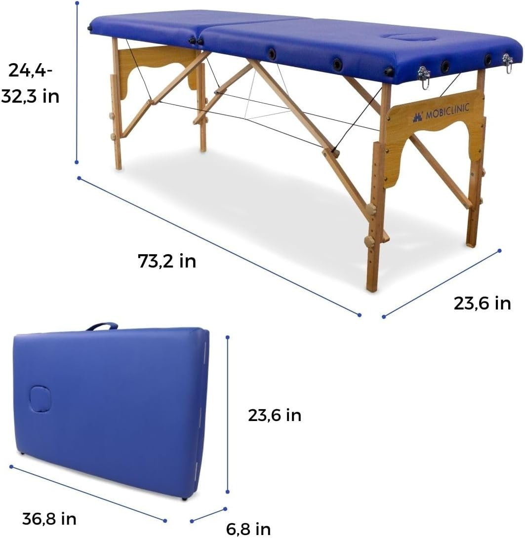 Portable Wooden Massage Table 2-Section Adjustable Therapy Bed Blue