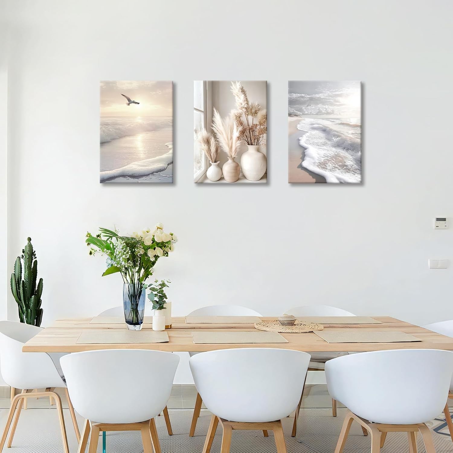 Boho Beach Canvas Wall Art Set 3 Beige Pampas Landscape Framed Prints 40x60cm