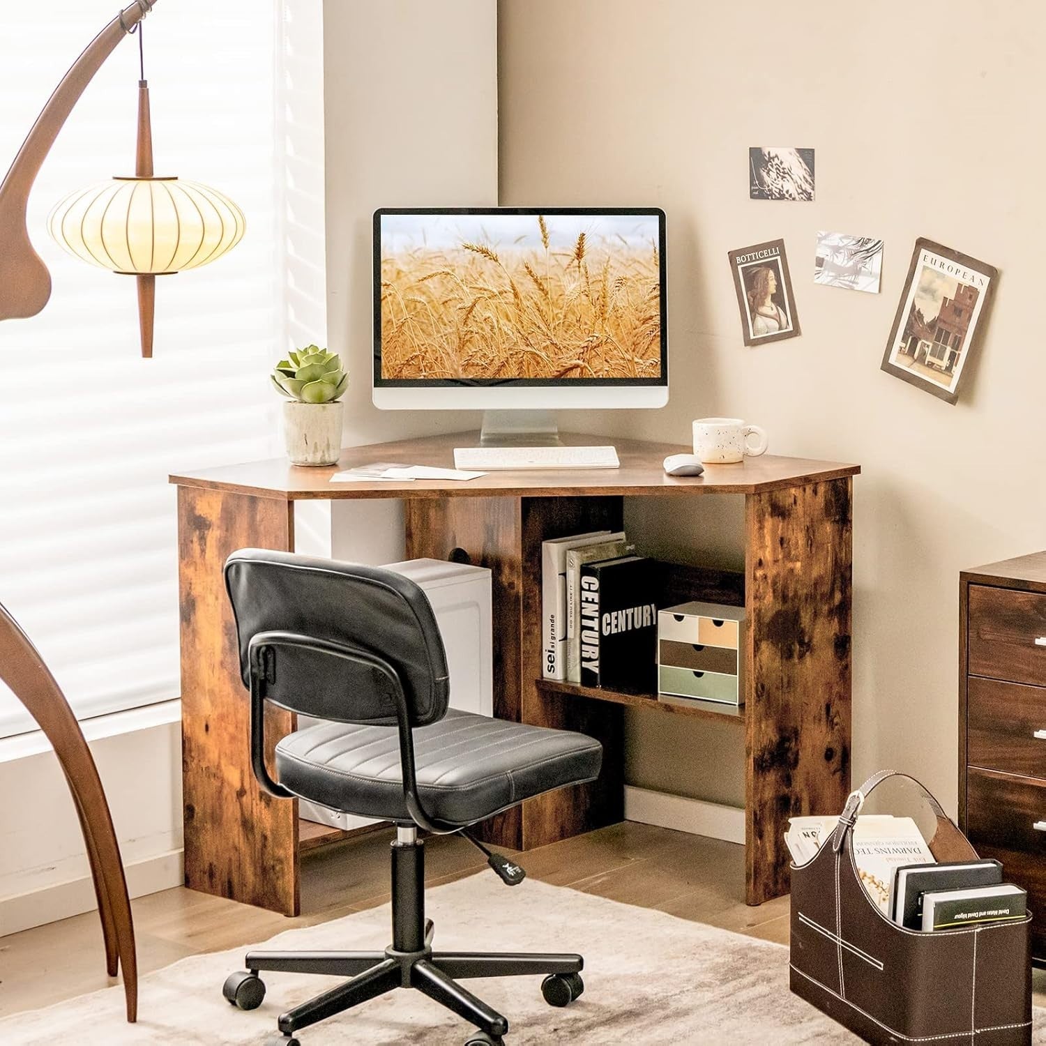Rustic Brown Corner Computer Desk with Shelves & Cable Holes, 120cm