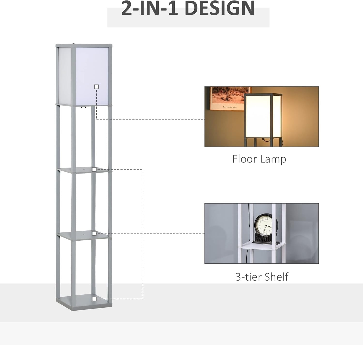 Floor Lamp with Shelves Storage Modern Standing Light Grey 3 Tier 160cm