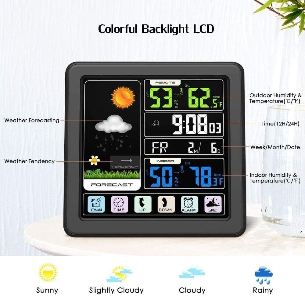 Black Projection Alarm Clock Weather Station LCD Temp Humidity Dual Alarms