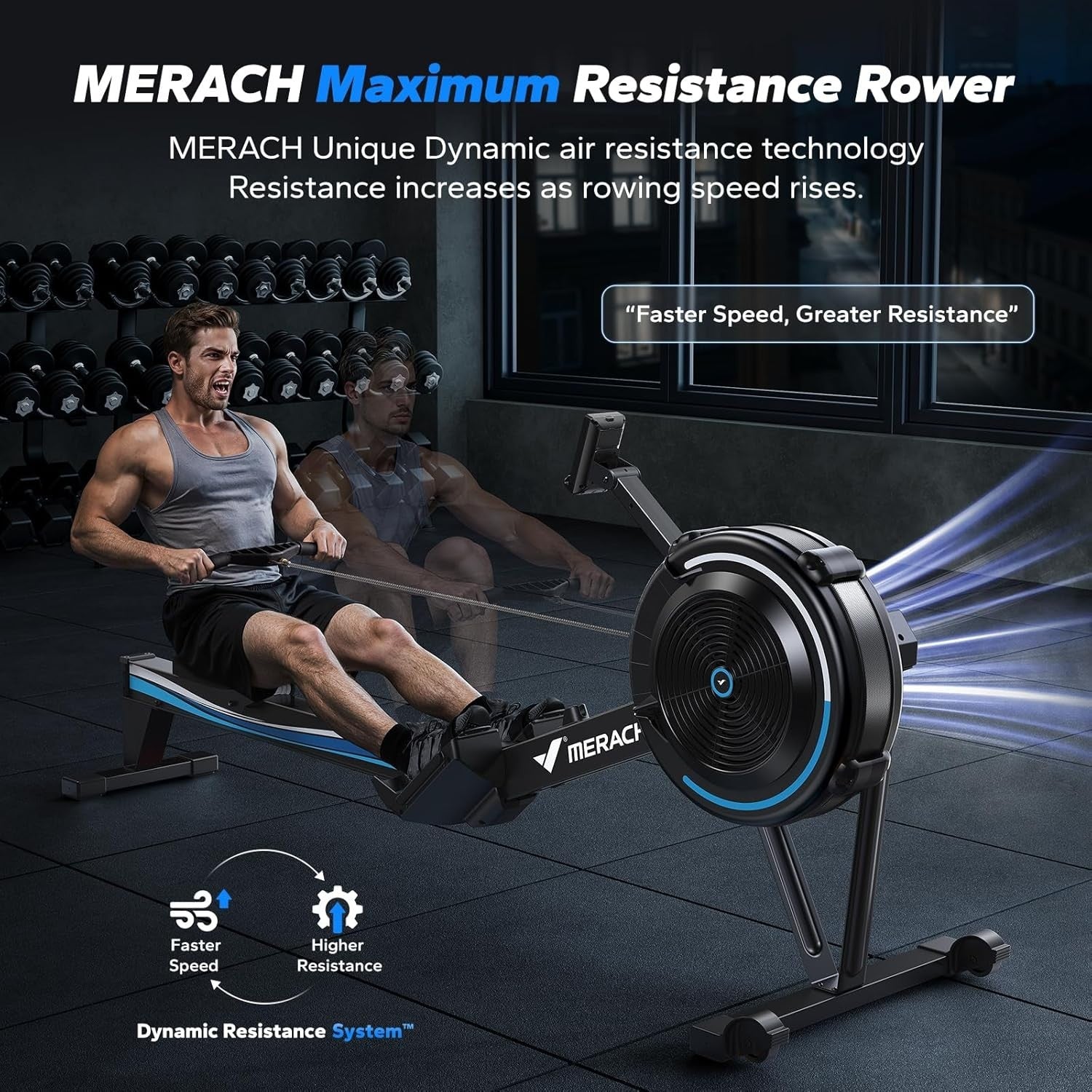 Air Rowing Machine 10-Level Adjustable Resistance Bluetooth Monitor Home Gym