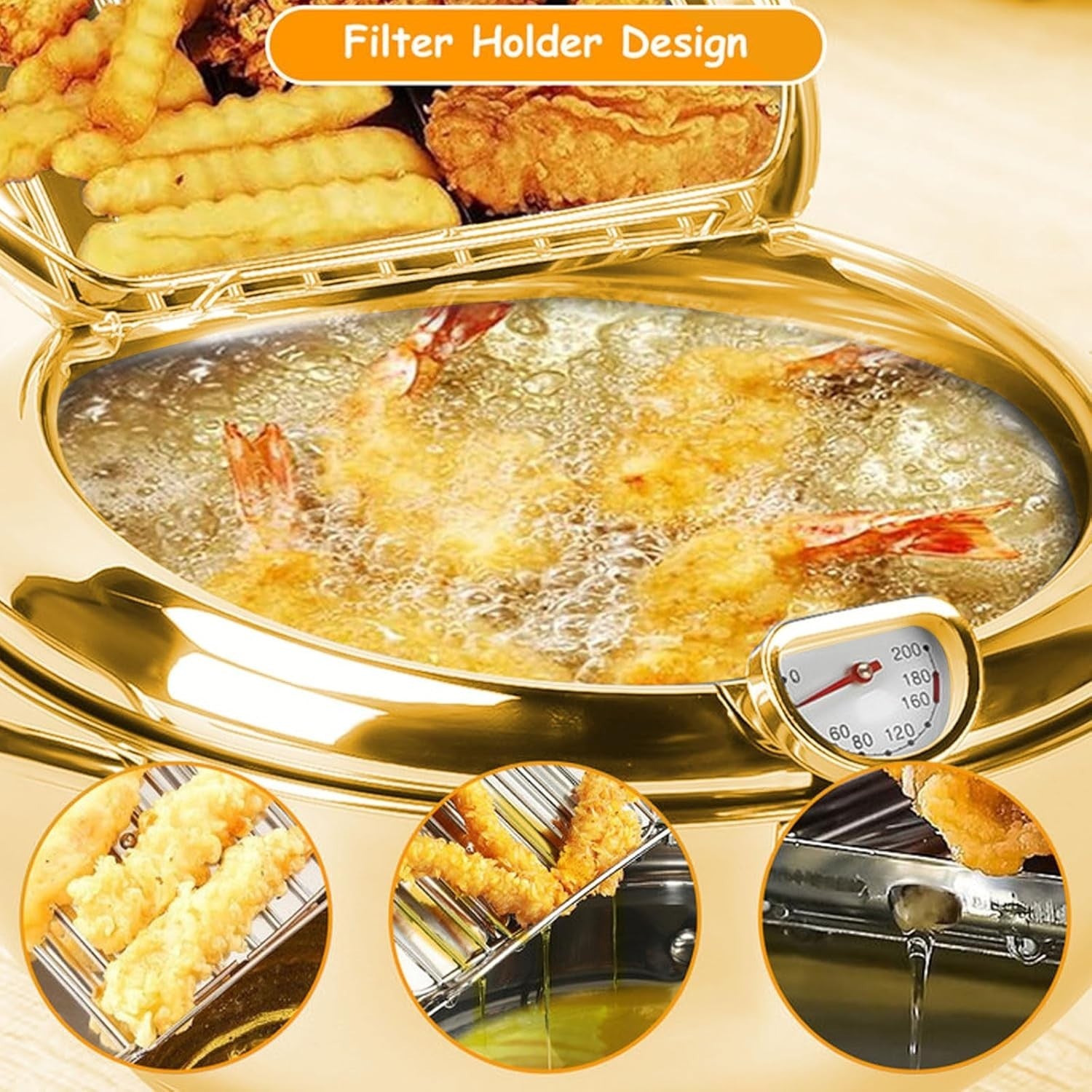 24cm Stainless Steel Deep Fryer Pot w Thermometer Oil Drip Lid Gold