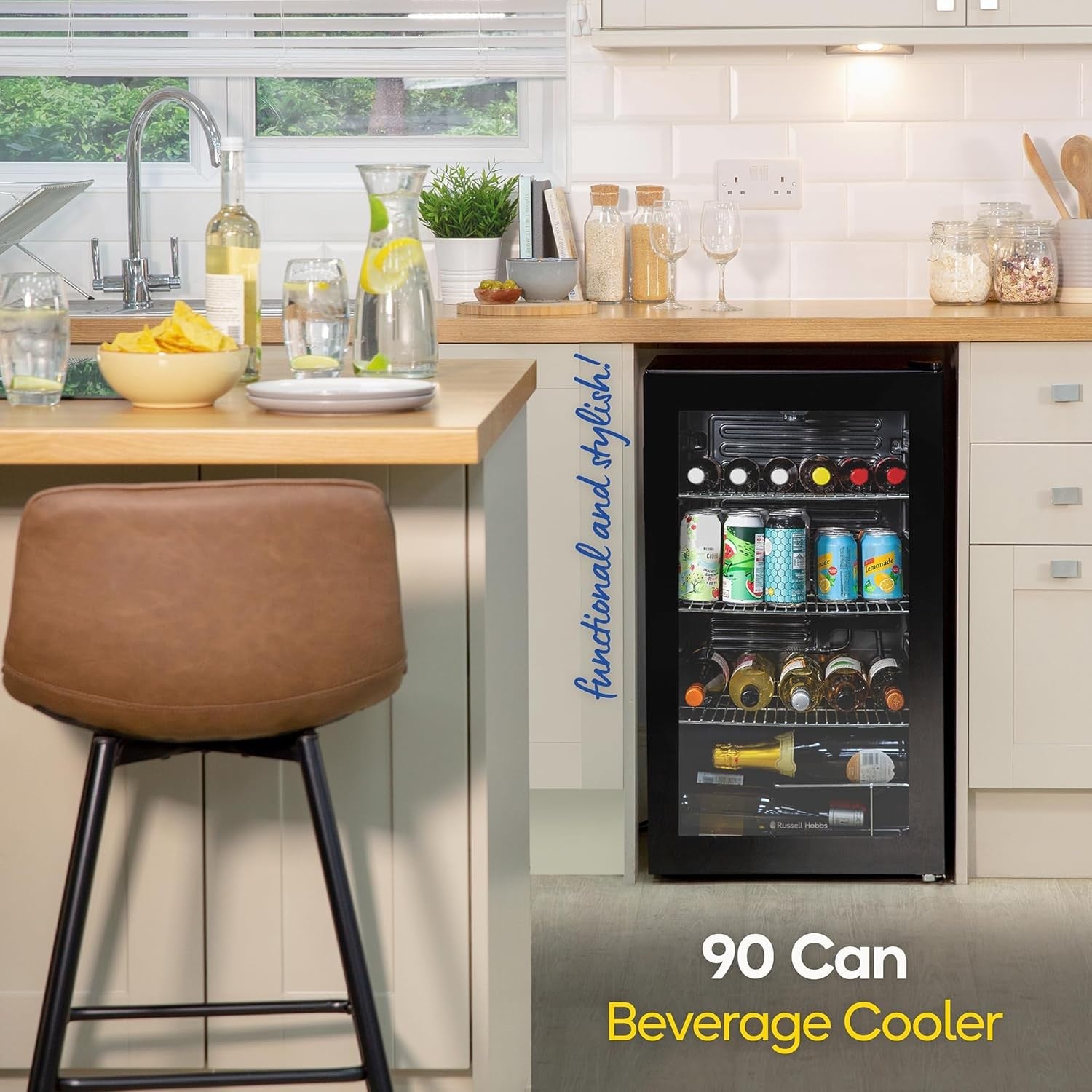 Under Counter Drinks Fridge Glass Door LED Beverage Cooler 93L 48 Can Black