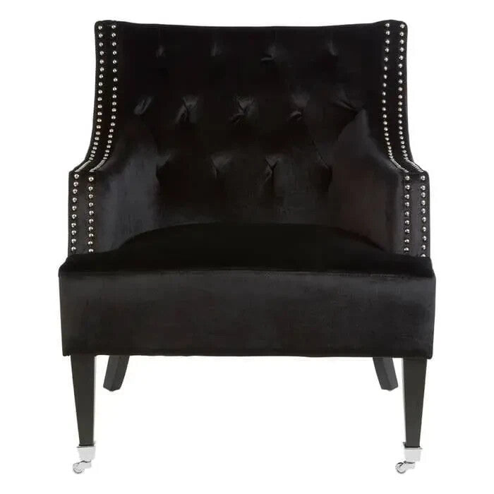Black Velvet Accent Chair Tufted Back with Stud Detail & Wooden Legs