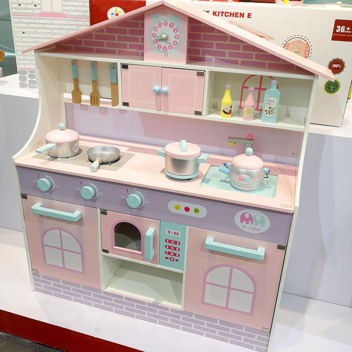 Large Wooden Kids Play Kitchen Pink Purple w/ Microwave Accessories