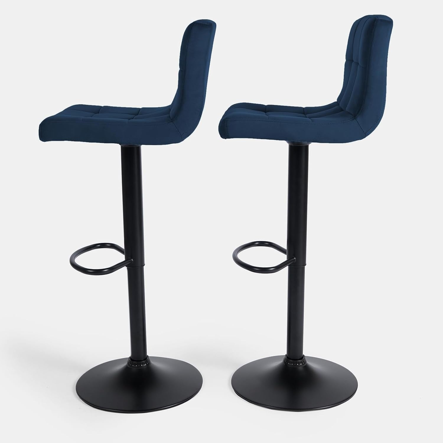 Set of 2 Adjustable Navy Blue Velvet Bar Stools with Swivel & Footrest