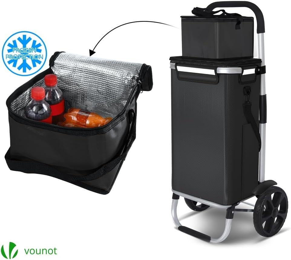 58L Folding Shopping Trolley Black Aluminium Basket with Insulated Bag
