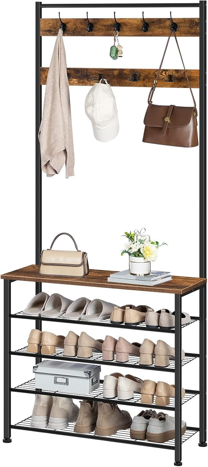 Rustic Brown Coat Rack with Shoe Bench & 9 Hooks | Industrial Hall Tree Organize