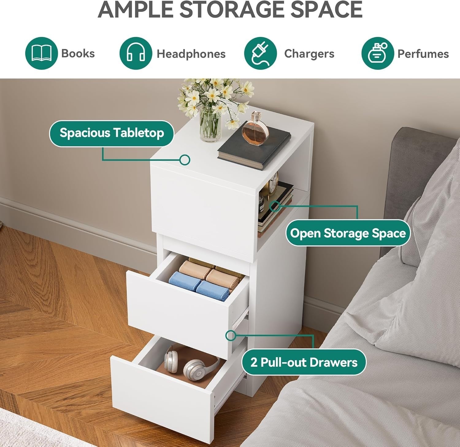 Slim LED Bedside Table with 2 Drawers – Modern White Nightstand Open Storage