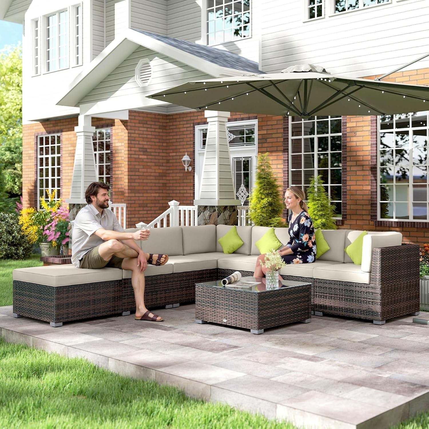 8 Seat Brown Rattan Garden Corner Sofa Set w/ Cushions & Glass Table