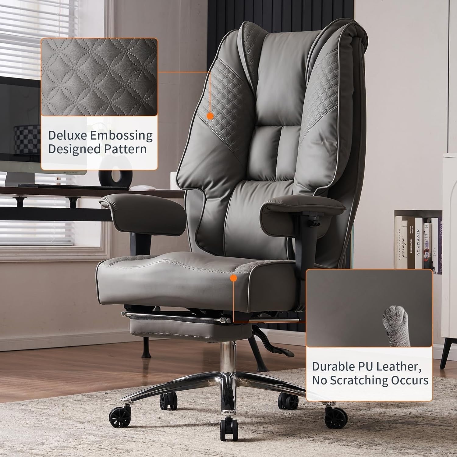 Big & Tall Office Chair Oversized Heavy Duty 400lb Max Load Grey Faux Leather