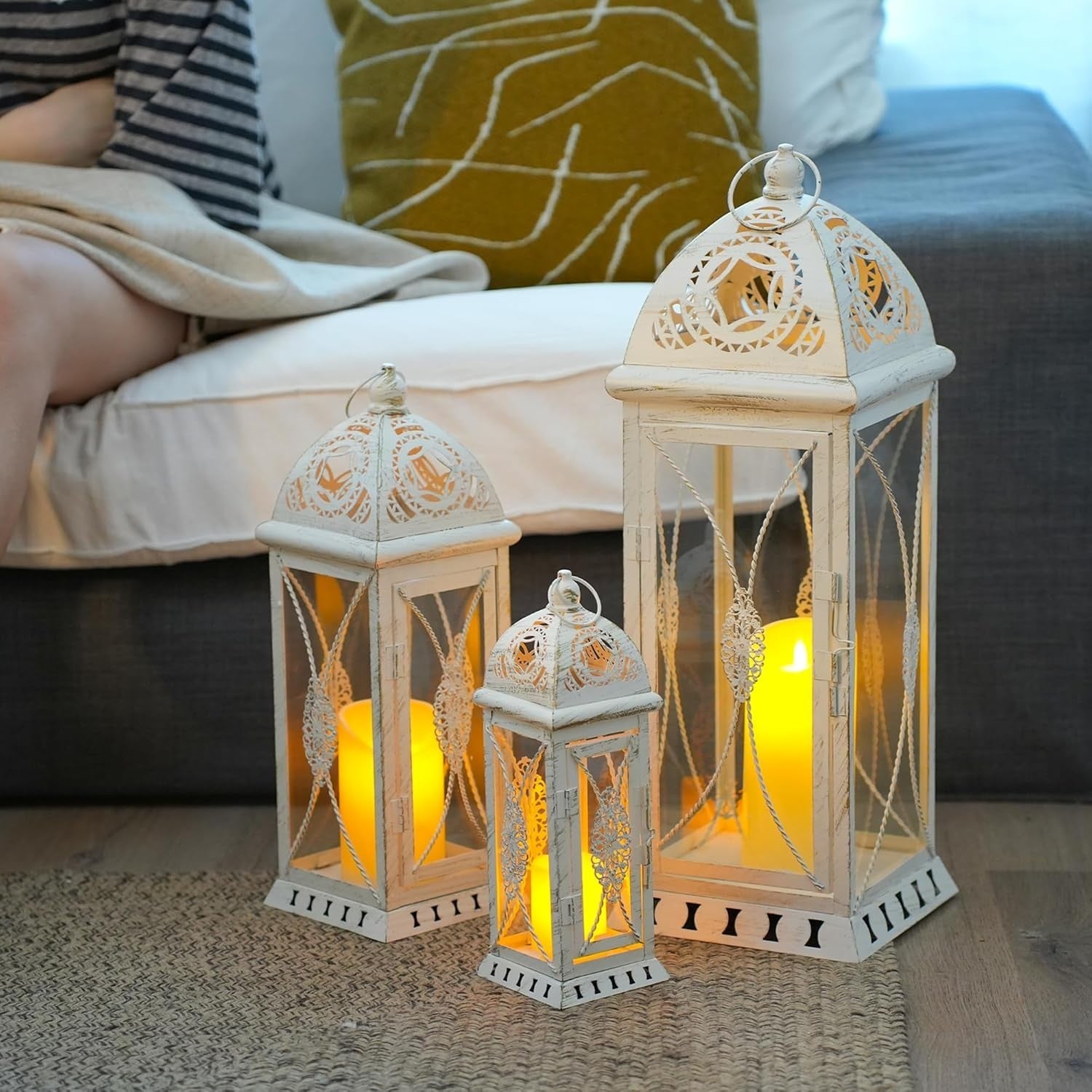 Beige Gold Lantern Set of 3 Vintage Metal Candle Holders