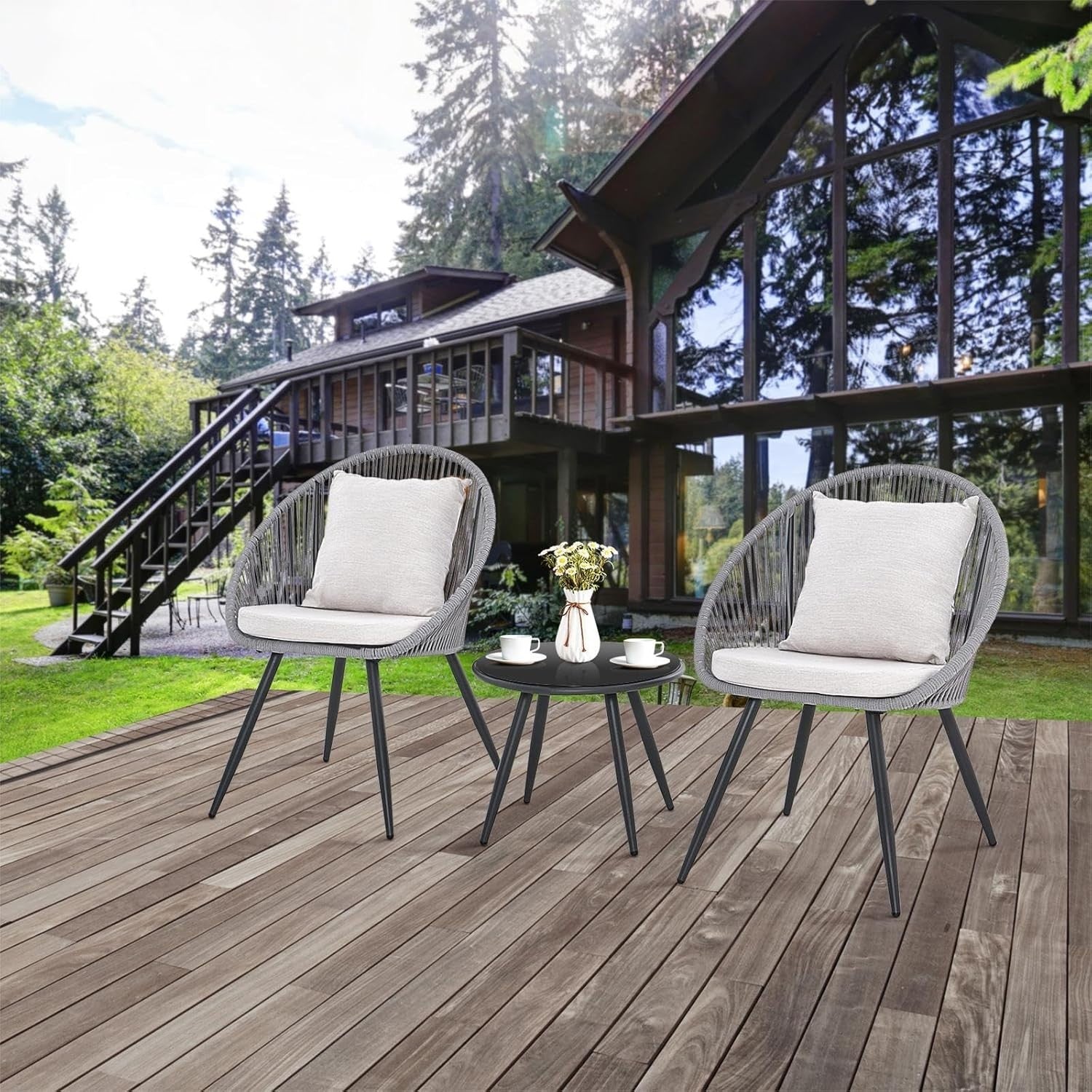 Modern Rattan Bistro Chair Set Tempered Glass Table Cushioned Garden Patio