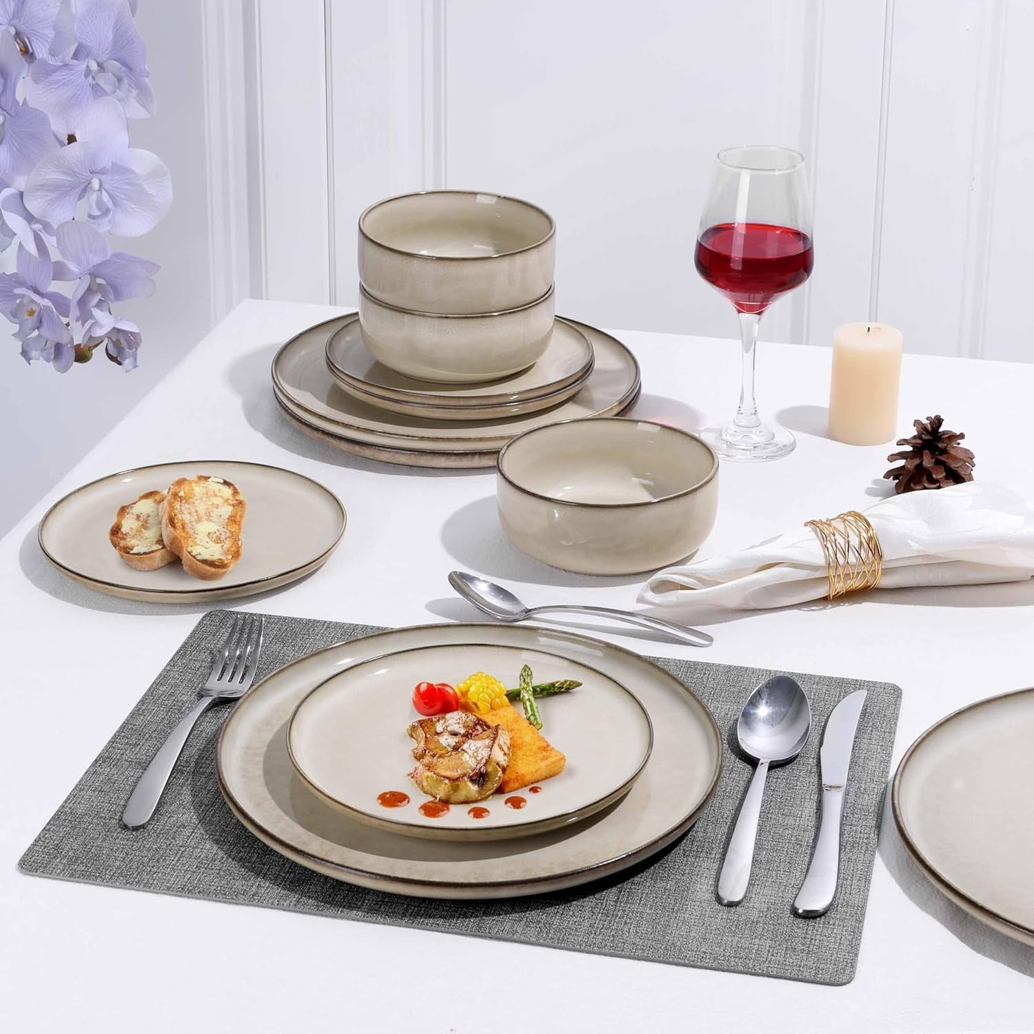 12pc Stoneware Dinner Set Plates Bowls Microwave Dishwasher Safe Cream