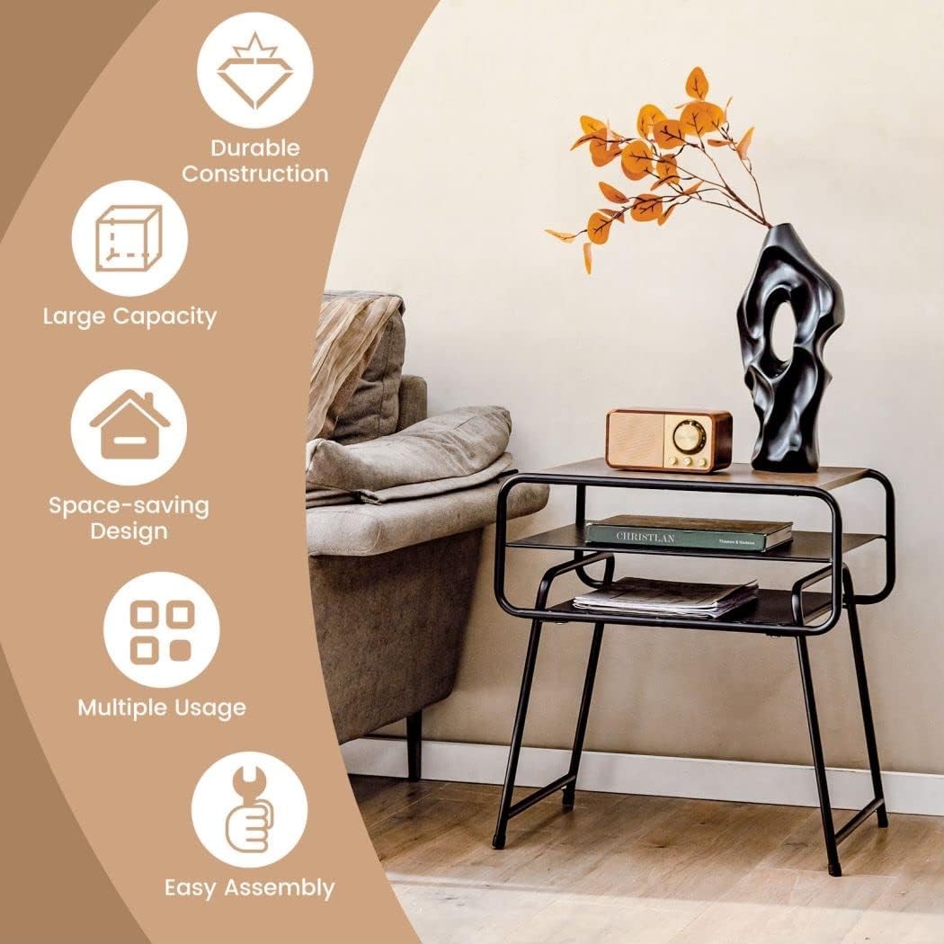 3-Tier Modern Side Table | Metal Frame Sofa End Table with Storage Shelves 40×51
