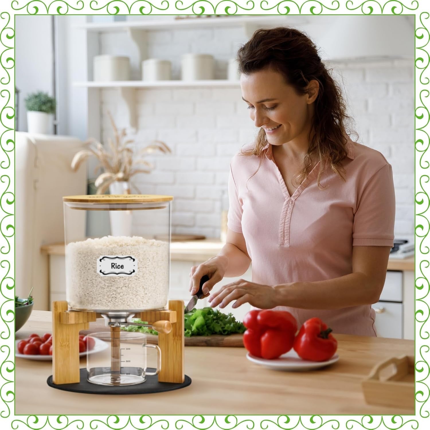 5L Glass Rice Dispenser Airtight Bamboo Lid w Cup